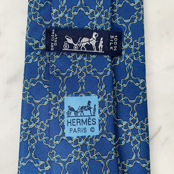 HERMES 100% Silk Tie 56”x3.5” Blue Gold Curly Ribbon on Blue 7726 Geometric EUC - Picture 4 of 5